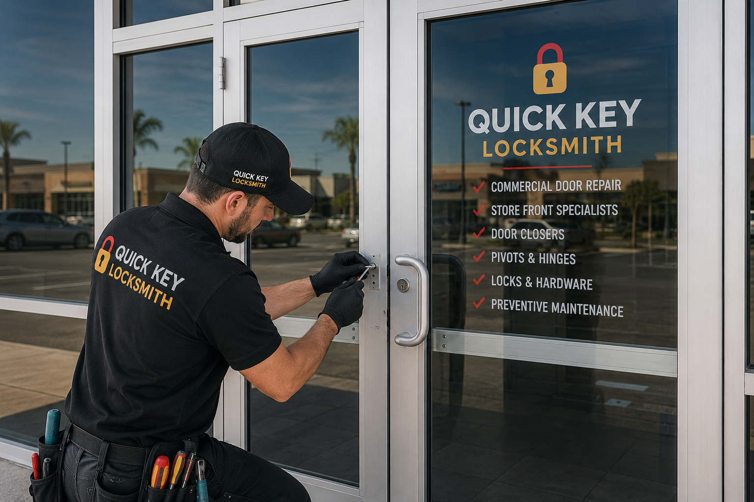 Commercial locksmith repairing an aluminum glass storefront door